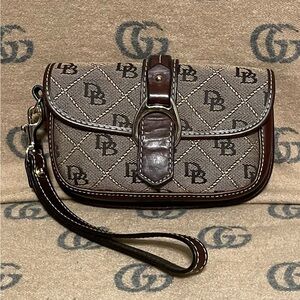 Dooney & Bourke Brown and Tan Monogram Wristlet Clutch
